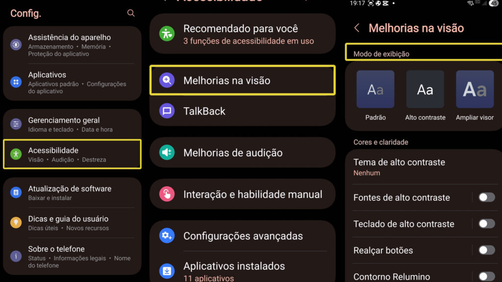 discrição da imagem, Telas exibindo o caminho das configurações samsung em direção as opções de acessibilidade, fim da descrição