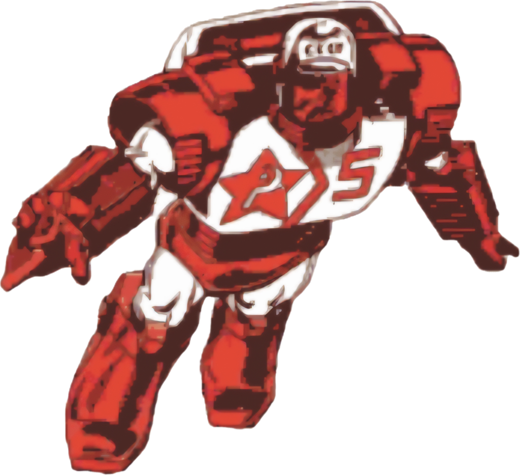 descrição da imagem: Um desenho estilizado de uma armadura humanoide vermelha, com corpo grande e musculoso, em pose de voo/avanço (braço esquerdo estendido para a frente e pernas em movimento). No peito ele tem uma faixa branca com uma estrela vermelha e, ao lado, o número 5. O fundo é branco, e a imagem parece ser uma captura de tela de celular com partes da interface escurecidas embaixo, onde dá para ler parcialmente “... dos Sovietes Supremos” e “... a direitos autorais. dc comics, fim da descrição