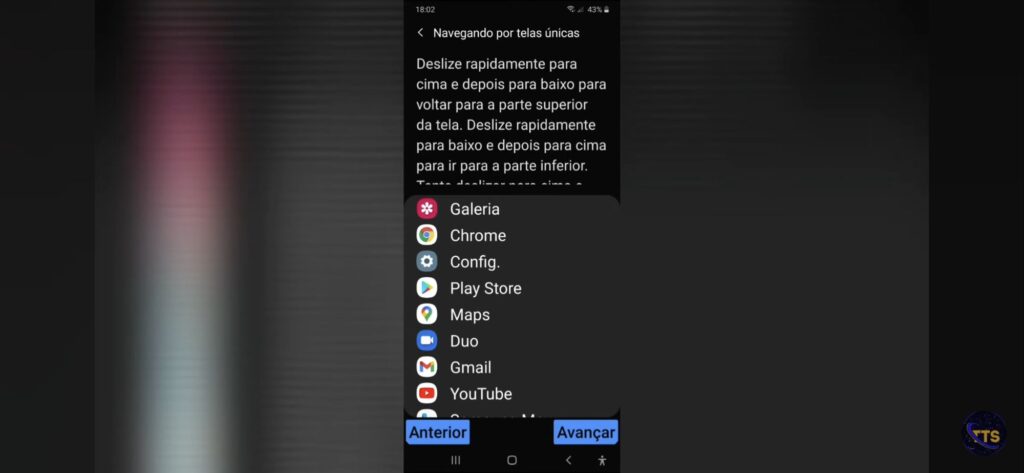 Descrição da imagem:

Na parte de cima aparece uma tela com o título “Navegando por telas únicas” e um texto explicando gestos de deslizar rapidamente para cima/baixo para ir ao topo ou ao fim da tela. A barra de status no topo mostra 18:02 e bateria em 43%.

No centro, há um painel flutuante com uma lista de apps:
Galeria
Chrome
Config.
Play Store
Maps
Duo
Gmail
YouTube

Na parte de baixo, há dois botões azuis: “Anterior” à esquerda e “Avançar” à direita. O fundo ao redor está escuro/desfocado e no canto inferior direito existe um pequeno logo circular com as letras “TS”.fim da descrição 