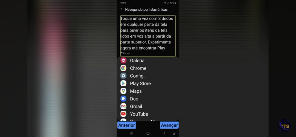 Descrição da imagem:

No topo aparece o título “Navegando por telas únicas” e um bloco de texto dizendo: “Toque uma vez com 3 dedos em qualquer parte da tela para ouvir os itens da tela lidos em voz alta a partir da parte superior. Experimente agora até encontrar Play Store” (o fim do texto está cortado).

Abaixo há uma lista de aplicativos com ícones e nomes:
Galeria
Chrome
Config.
Play Store
Maps
Duo
Gmail
YouTube

Na parte inferior aparecem dois botões azuis: “Anterior” (à esquerda) e “Avançar” (à direita). No canto superior direito da barra de status aparecem 18:02 e bateria em 43%. Fim da descrição 