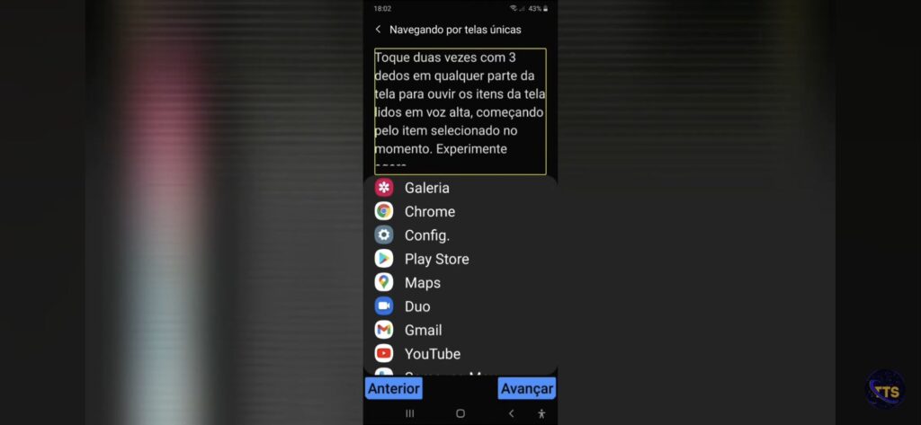 Descrição da imagem:
Na parte superior aparece o título Navegando por telas únicas. Abaixo, um texto de instrução em uma caixa destacada dizendo para tocar duas vezes com 3 dedos em qualquer parte da tela para ouvir os itens lidos em voz alta, começando pelo item selecionado no momento. O texto termina com Experimente..., mas a frase está cortada.

No meio da tela há uma lista de aplicativos com ícones e nomes:
Galeria
Chrome
Config.
Play Store
Maps
Duo
Gmail
YouTube

Na parte inferior há dois botões grandes:
Anterior (à esquerda)
Avançar (à direita)

No topo, a barra de status mostra o horário 18:02 e bateria em 43%. Fim da descrição 