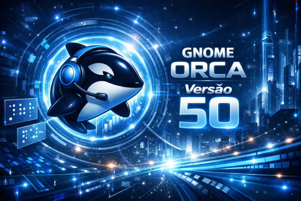 “Ilustração digital futurista comemorando o GNOME Orca 50, com o ícone de uma orca estilizada usando fones de ouvido azuis e microfone, cercada por elementos luminosos e tecnológicos em tons de azul e prata, sobre um fundo de cidade futurista com luzes e dados flutuantes.”