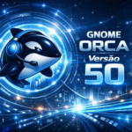 “Ilustração digital futurista comemorando o GNOME Orca 50, com o ícone de uma orca estilizada usando fones de ouvido azuis e microfone, cercada por elementos luminosos e tecnológicos em tons de azul e prata, sobre um fundo de cidade futurista com luzes e dados flutuantes.”