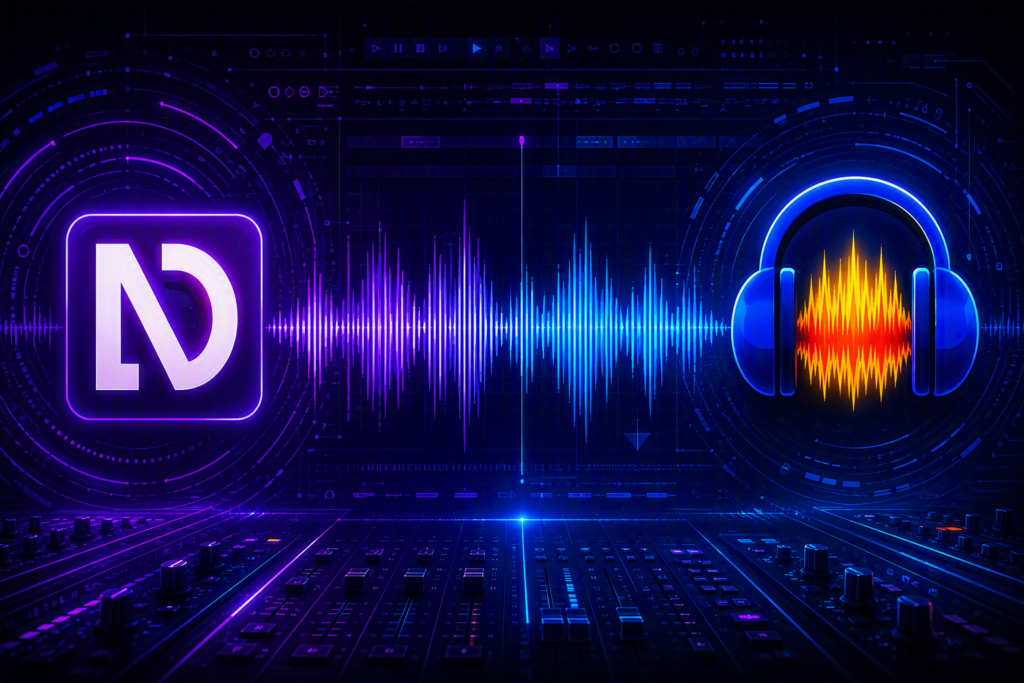 A imagem mostra um fundo escuro com elementos gráficos digitais em tons de roxo e azul neon, sugerindo um ambiente de produção musical ou edição de áudio.
No lado esquerdo, há um ícone quadrado roxo com a letra "N" estilizada em branco. No centro, uma representação visual de uma onda sonora em tons de roxo e azul se estende horizontalmente. No lado direito, um ícone de fone de ouvido azul brilhante é exibido, com uma onda sonora vibrante em tons de laranja e amarelo dentro dele, como se estivesse emitindo som.
Abaixo desses elementos principais, há uma representação de uma mesa de mixagem ou console de áudio, com vários botões e controles iluminados em roxo e azul, criando uma sensação de profundidade e tecnologia. A iluminação geral é escura, com os elementos gráficos brilhando intensamente, dando um ar futurista e dinâmico. Fim da descrição