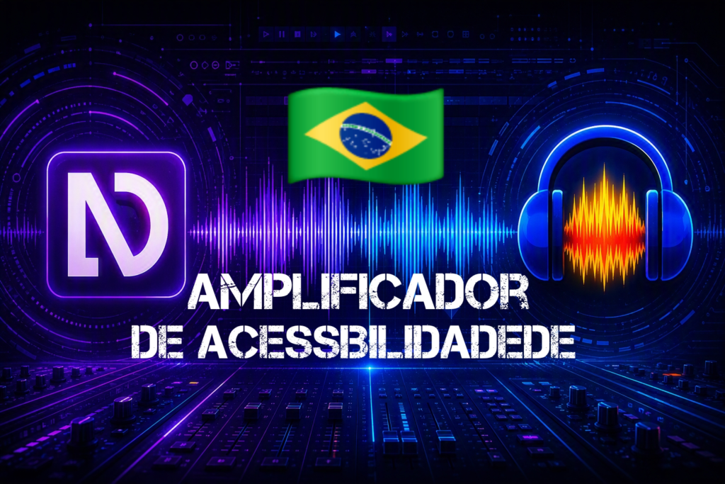 Nota, A imagem é um banner digital com um fundo escuro e elementos gráficos em tons de roxo, azul e verde neon, que remetem a tecnologia e áudio. No centro, há uma faixa horizontal com um equalizador de áudio vibrante, com ondas sonoras em azul e roxo.
À esquerda do equalizador, há um ícone quadrado roxo com a letra "N" estilizada em branco, este é o ícone do NVDA. Acima do equalizador, no centro, está a bandeira do Brasil. À direita do equalizador, há um ícone de fone de ouvido azul com ondas sonoras em tons de laranja e amarelo dentro dele, simulando som, e esse é o ícone do Audacity.
Abaixo do equalizador, em letras maiúsculas e brancas com contorno roxo, está escrito "AMPLIFICADOR". Logo abaixo, também em letras maiúsculas e brancas com contorno roxo, lê-se "DE ACESSIBILIDADE". Fim da descrição.
Editando