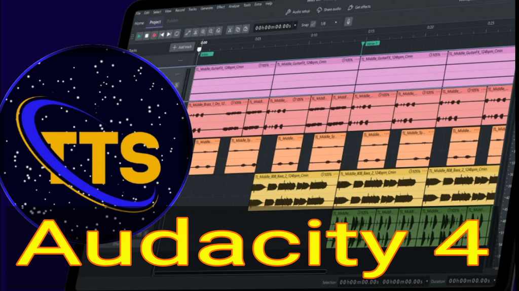 Tela do audacity 4 com várias faixas coloridas ocupando a maior parte da imagem. As faixas estão dispostas em linhas horizontais, em tons de rosa, laranja, amarelo e verde, com formas de onda de áudio pretas dentro de cada bloco, indicando gravações diferentes em um projeto de multifaixas.
No canto esquerdo aparece um grande círculo azul-escuro com vários pontinhos brancos lembrando estrelas. Dentro desse círculo está escrito “TTS” em letras maiúsculas amarelas, com um anel curvado azul e amarelo passando por trás das letras, lembrando um anel planetário.
Na parte inferior da imagem está o texto grande “Audacity 4” em amarelo com contorno vermelho, ocupando quase toda a largura. O “4” está à direita, separado da palavra “Audacity”. O fundo geral é escuro, dando destaque às cores vivas das faixas e dos textos. fim da descrição.